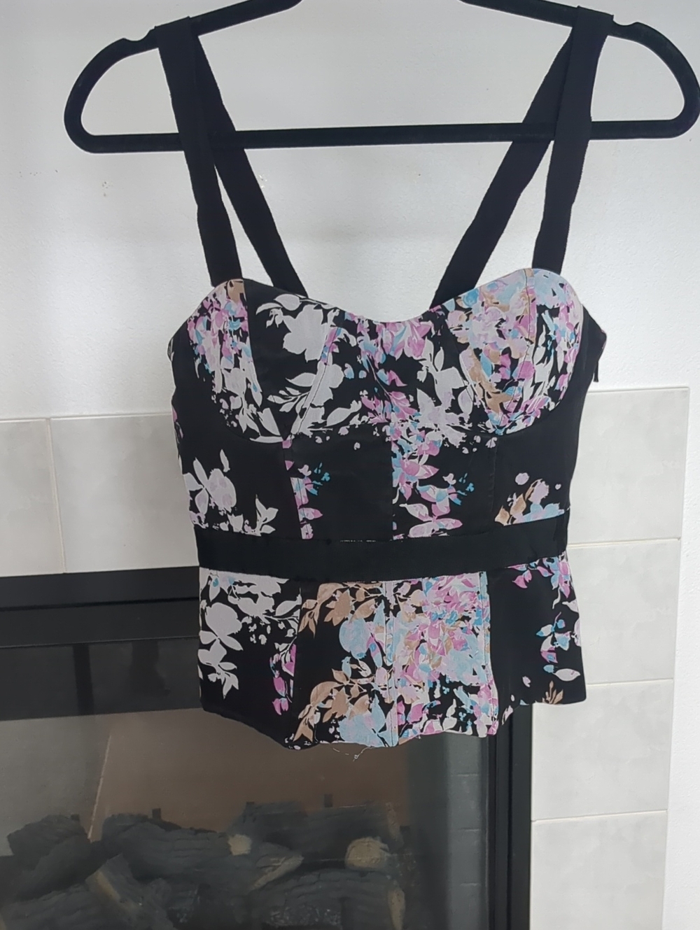 bebe Black Floral Bustier Peplum Camisole
